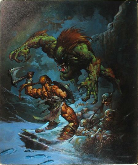 450x540 Simon Bisley Big Monster Pouncing On A Barbarian Warrior Painting - Simon Bisley Painting