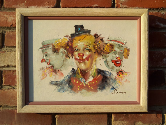 570x428 Vintage Original Oil On Canvas Painting Signed Simon Three Clowns - Simon Painting