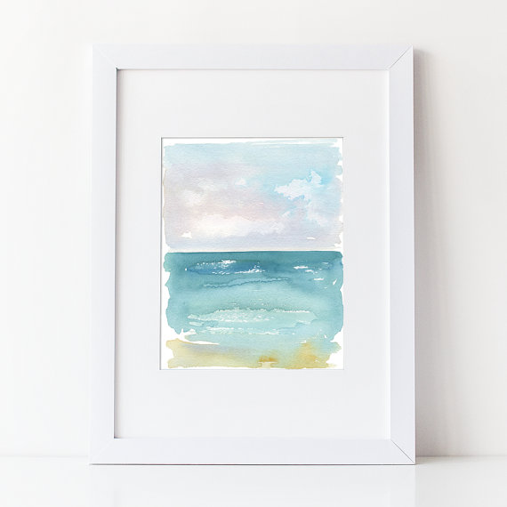 570x570 Beach Art Nautical Watercolor Painting Art Print Modern - Simple Beach Painting
