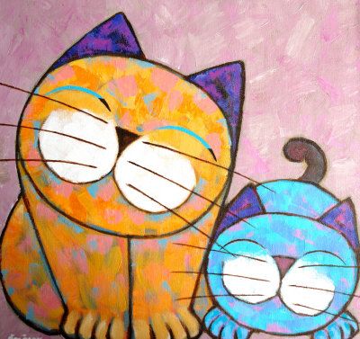 400x377 Two Cats Painting - Simple Cat Painting