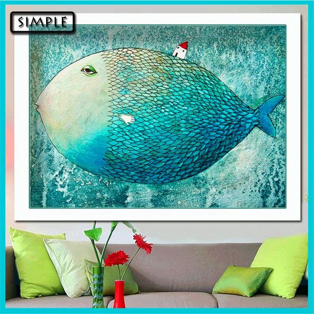 640x640 Diy 5d Diamond Painting Animal Big Fish Small House Modern Diamond - Simple Fish Painting