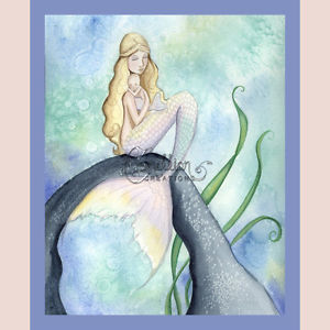 300x300 Love Is A Simple Mermaid Baby Mommy Print From Original Painting - Simple Mermaid Painting
