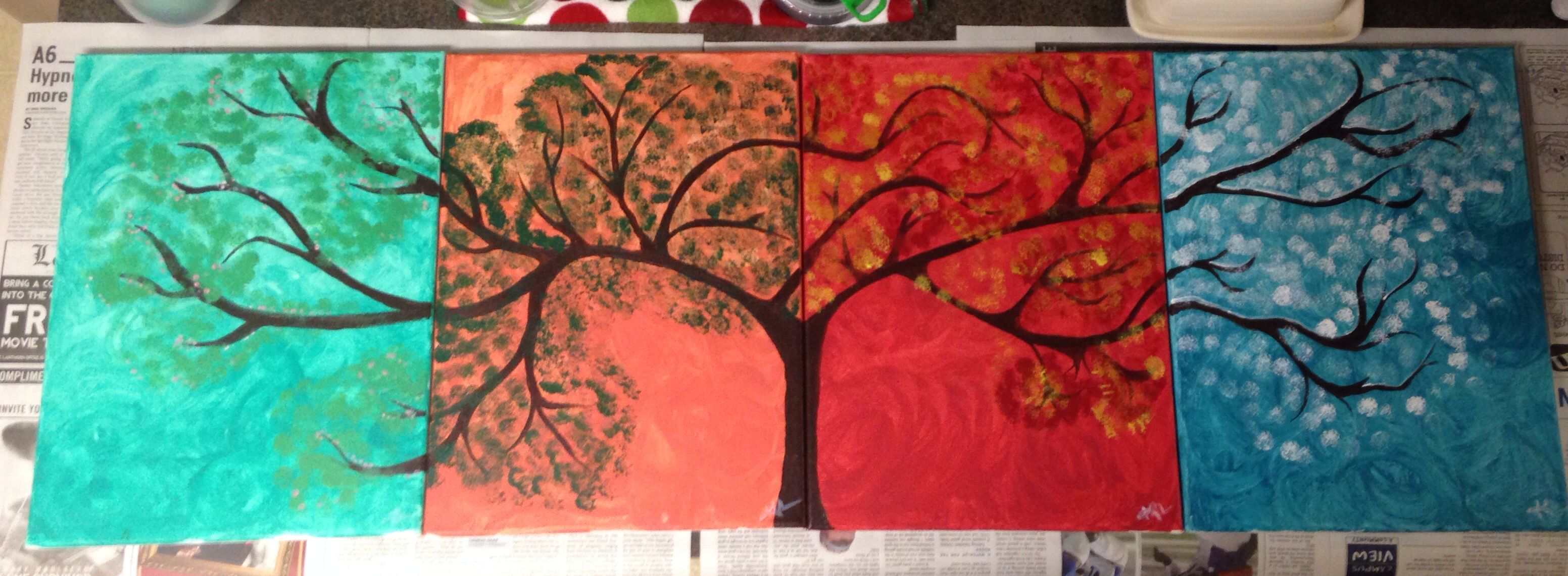3104x1141 Simple Acrylic Painting Series Seasons Of Trees Simple - Simple Peacock Painting