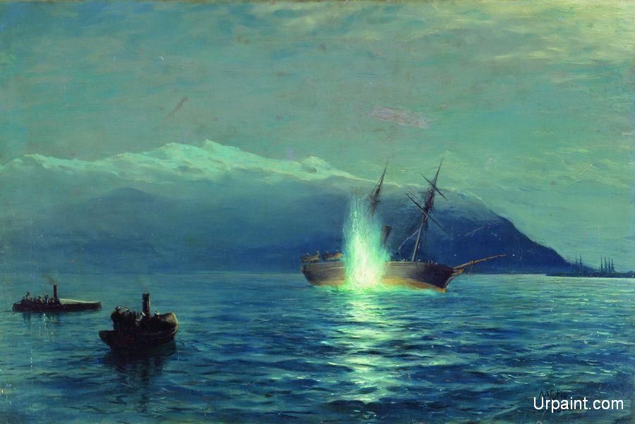 900x601 Sinking The Turkish Steamer Intibach By Boats Of Ship Grand Duke - Sinking Ship Painting
