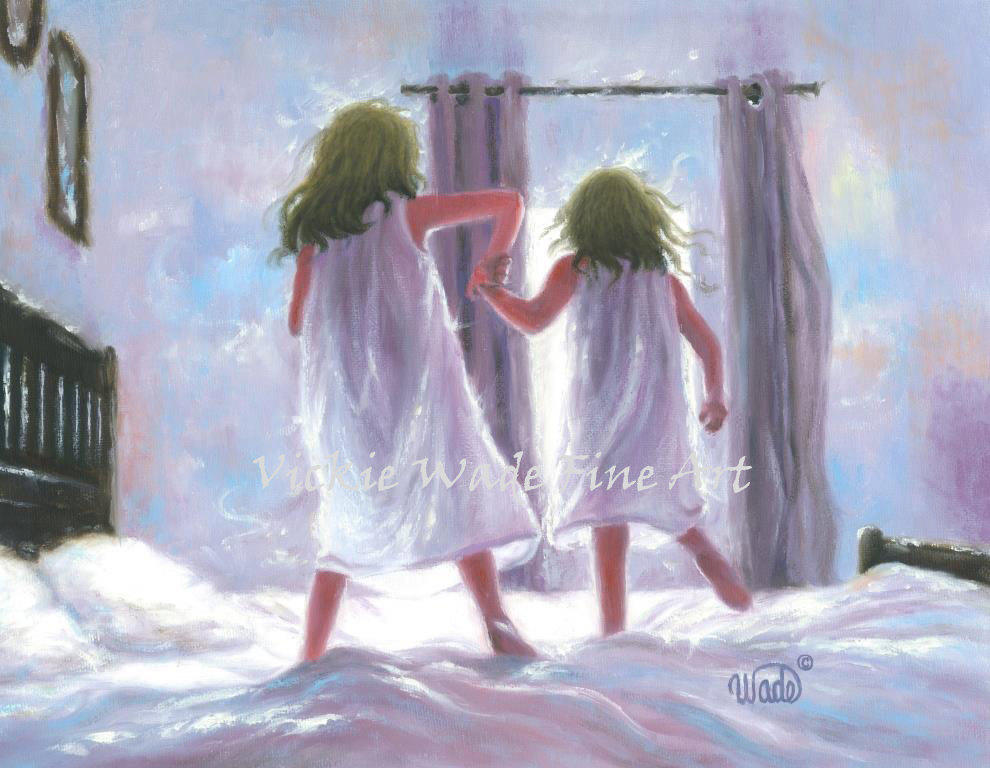 990x768 Two Sisters Jumping On The Bed Art Print Girls Bedroom Pink - Sister Painting
