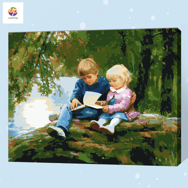 640x640 Frameless Digital Painting By Number Brother Sister Reading - Sister Painting