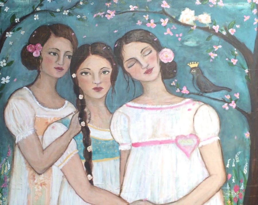 900x718 Three Sisters And The Mama Bird - Sisters Painting