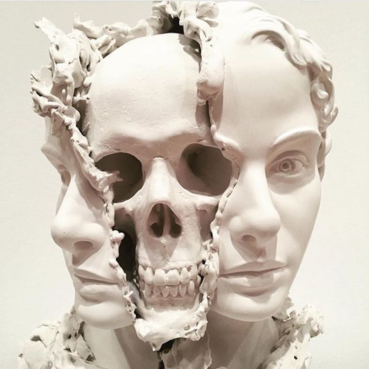 750x750 Skull Art By Taiji Taomote Depicts Figure Whose Head Is Split Open - Skeleton Head Painting