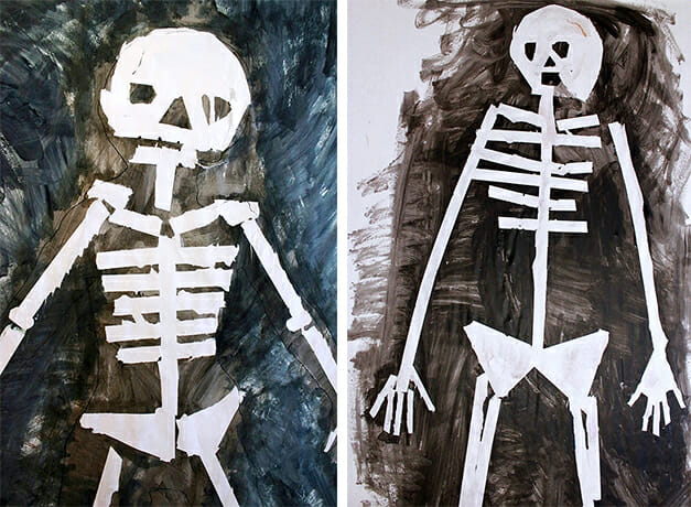 627x460 Tape Resist Skeleton Paintings Halloween Art Ideas For Kids - Skeleton Painting