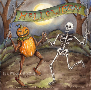 300x297 Ehag Halloween Dance Skeleton Pumpkin Watercolor Print Painting - Skeleton Painting