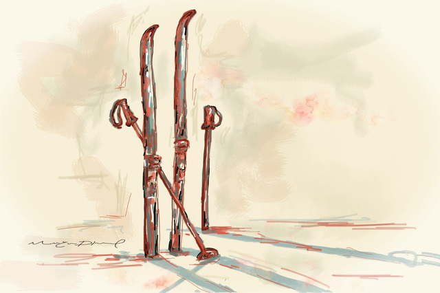 640x426 Skis Painting Print On Wrapped Canvas - Skis Painting