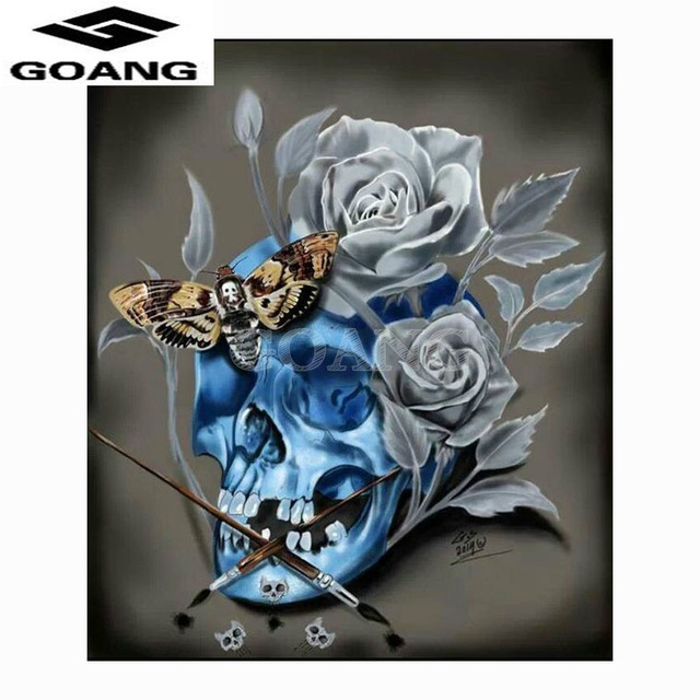 640x640 Goang 5d Full Drill Diamond Painting Blue Skull Butterfly Roses - Skull And Roses Painting
