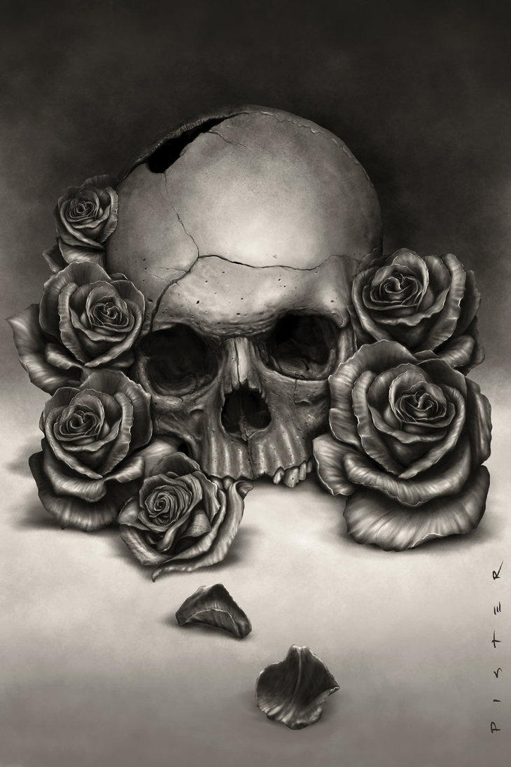 730x1095 Skull And Roses By Rodgerpister - Skull And Roses Painting
