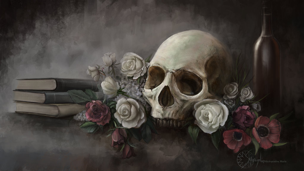1024x576 Skull And Roses By Smaragdia - Skull And Roses Painting
