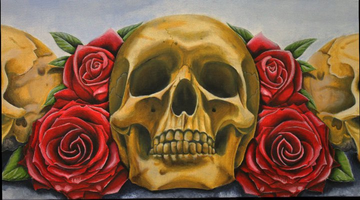 720x401 Skull Roses Painting By Danleicester - Skull And Roses Painting