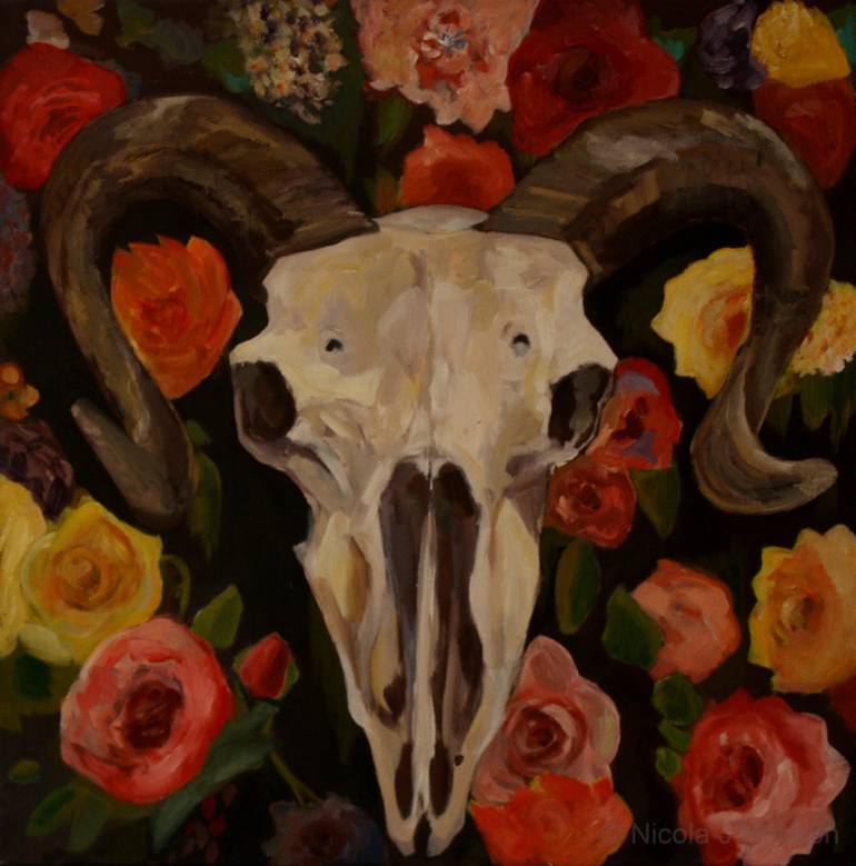770x779 Saatchi Art Ram Skull With Flowers Painting By Nicola Hebson - Skull Flower Painting
