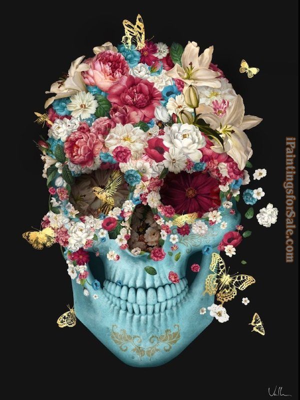 600x799 Unknown Artist Skull Flowers Painting - Skull Flower Painting