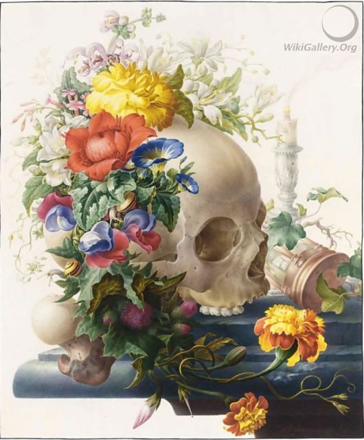 530x640 Vanitas Still Life, With Skull Wreathed With Flowersnd - Skull Flower Painting