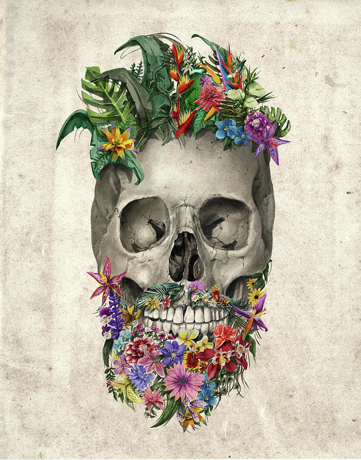 707x900 Floral Beard Skull Painting By Bekim Art - Skull Flower Painting