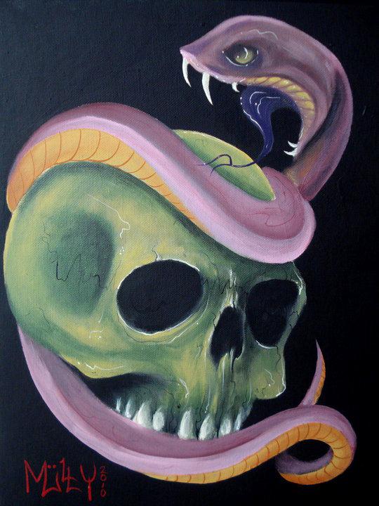 540x720 Mully Tattoo Original Art Acrylic Skull Amp Snake Painting - Skull Painting Acrylic