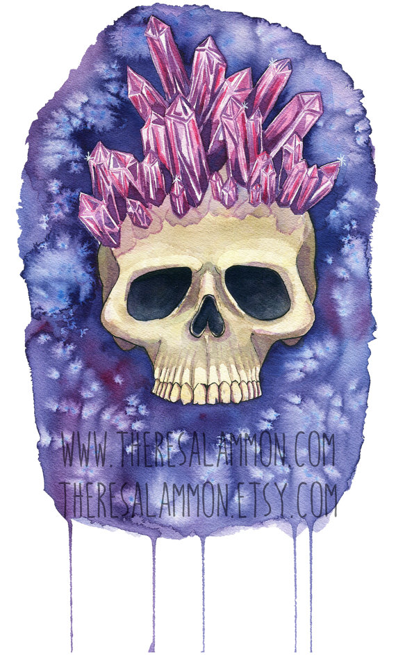 570x942 Amethyst Crystal Crown Skull Watercolor Painting Original - Skull Watercolor Painting