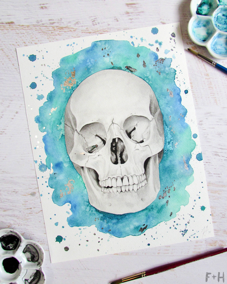 728x910 Gorgeous Watercolor Skull Painting On Turquoise - Skull Watercolor Painting