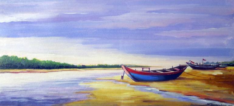770x349 Saatchi Art Morning Sky Amp Fishing Boats - Sky Canvas Painting