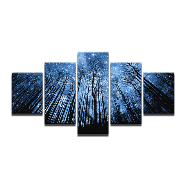 640x640 5 Pcs Landscape Blue Forest With Starry Sky Canvas Print Picture - Sky Canvas Painting