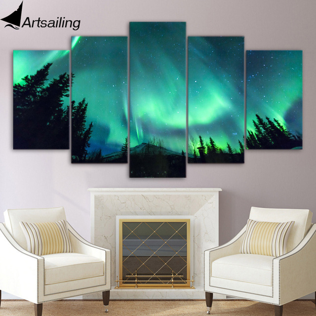640x640 5 Piece Canvas Art Forest Aurora Starry Night Sky Canvas Painting - Sky Canvas Painting