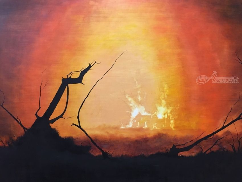 850x637 Skyfall Burning (Aka 007's Home) Paintings By Stephen Keller - Skyfall Painting