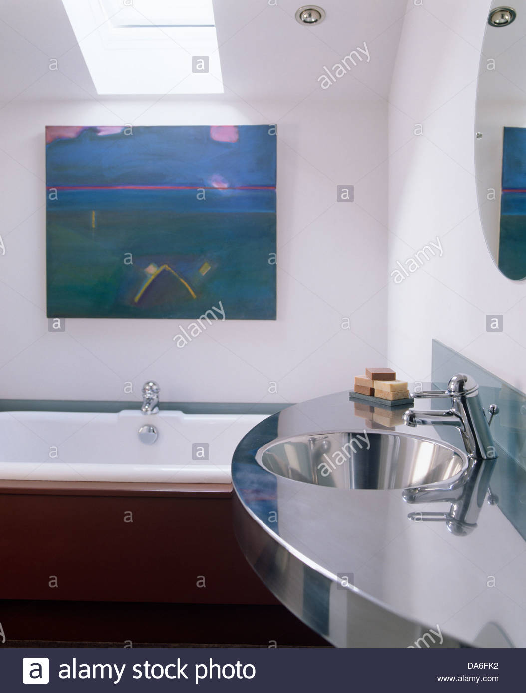 1054x1390 Stainless Steel Washbasin And Tap In Modern Bathroom With Large - Skylight Painting