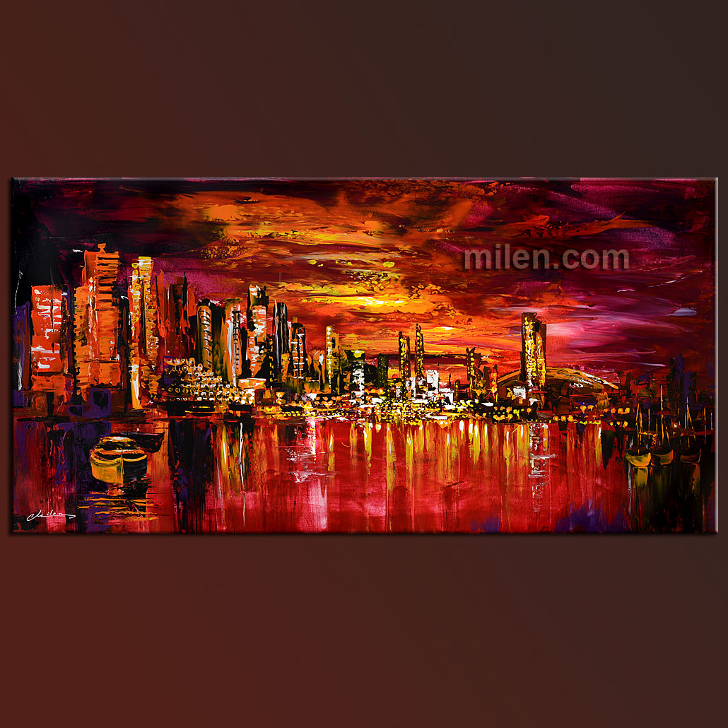 1030x1030 Vancouver Reflections Red Skyline Painting Abstract Paintings - Skyline Painting