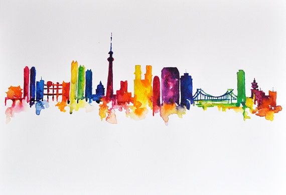 570x389 Original Abstract Skyline Watercolor Painting By Artcornershop - Skyline Watercolor Painting