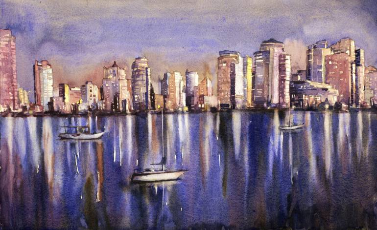 770x471 Saatchi Art Watercolor Painting Of Vancouver Skyline With Boats - Skyline Watercolor Painting
