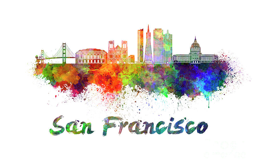 900x590 San Francisco Skyline In Watercolor Painting By Pablo Romero - Skyline Watercolor Painting