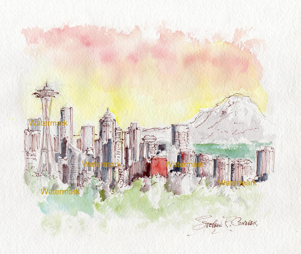 975x824 Seattle Skyline Watercolor Painting At Sunset For Sale ~ 881 - Skyline Watercolor Painting