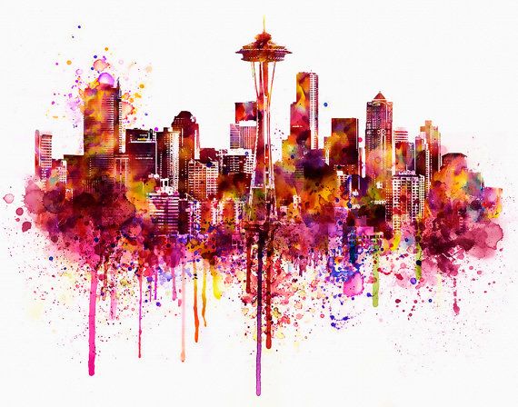570x448 Seattle Skyline Watercolor Painting For Instant By Artsyndrome - Skyline Watercolor Painting