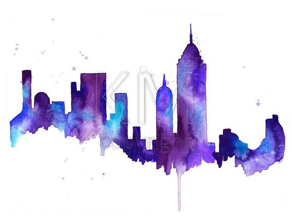 570x428 Watercolor Painting Print, New York City Skyline - Skyline Watercolor Painting