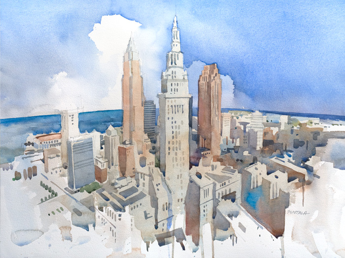 700x523 Jeff Suntala Watercolors Original Watercolor Cleveland Skyline - Skyline Watercolor Painting