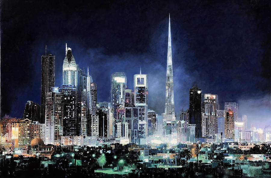 900x593 Night In Dubai City Painting By Guido Borelli - Skyscraper Painting