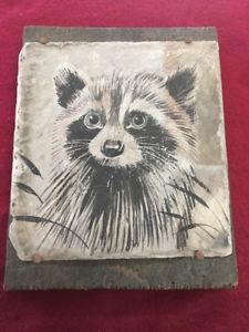 225x300 Signed !! Slate Painting Artist C H Tomlinson Raccoon Art Ink - Slate Painting