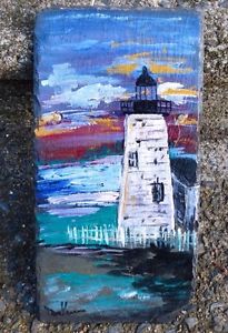 205x300 Vintage Hand Painted Stone Slate Lighthouse Painting - Slate Painting