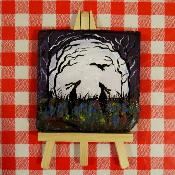 570x570 Hare Owl And Moon Painting On Slate With Easel Gift Idea - Slate Painting