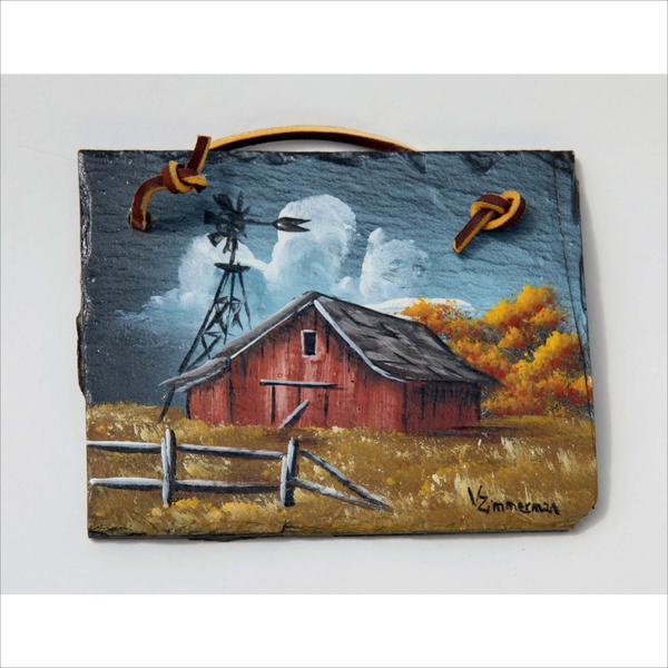 600x600 Hand Painted Slate Tile Fall Red Barn Windmill Broken Wooden Fence - Slate Painting