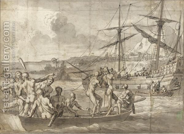 600x439 Slaves Being Transported To A Slave Ship (After) Theodor De Bry - Slave Ship Painting