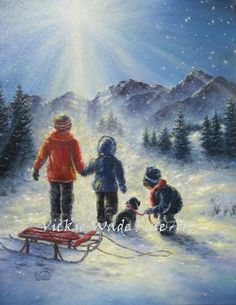 236x305 Fishing With Sister Art Print, Big Sister Little Brother, Kids - Sled Painting