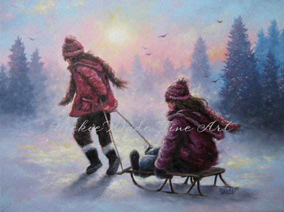 570x425 Two Sisters Sledding Original Oil Painting 18x24 Two Girls - Sled Painting
