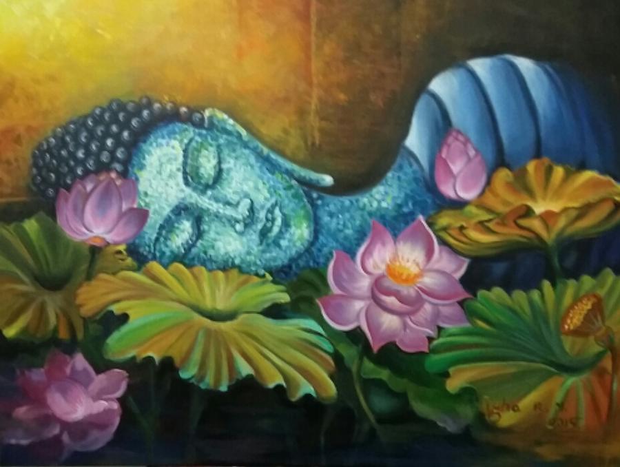 900x678 Reclining Buddha In Its Thoughts. Painting By Usha Mishra - Sleeping Buddha Painting