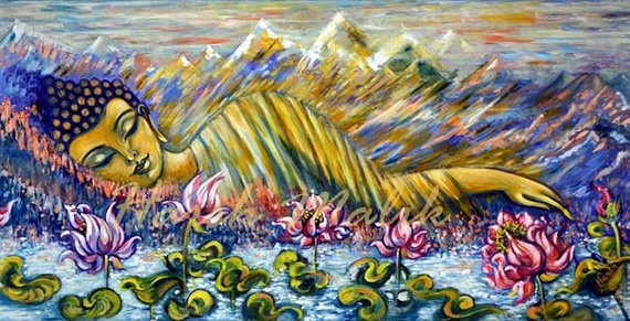 570x291 Buddhist Original Painting Sleeping Buddha Giraffe Golden - Sleeping Buddha Painting