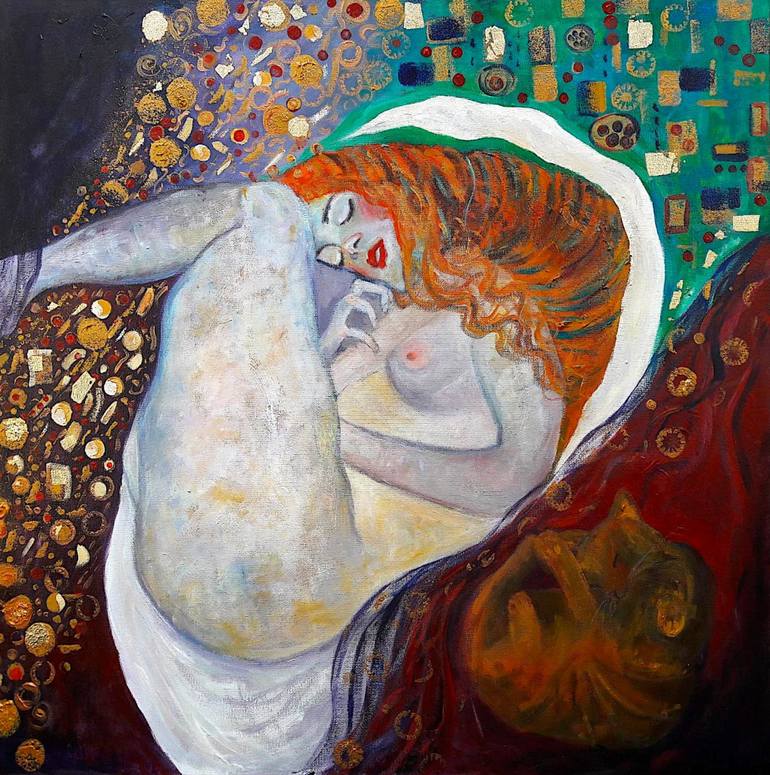 770x775 Saatchi Art Danae With Sleeping Cat (Klimt Tribute) Painting By - Sleeping Cat Painting